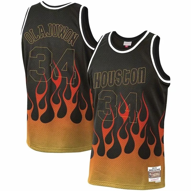 Men Houston Rockets 34 Olajuwon Black Flame retro NBA Jersey